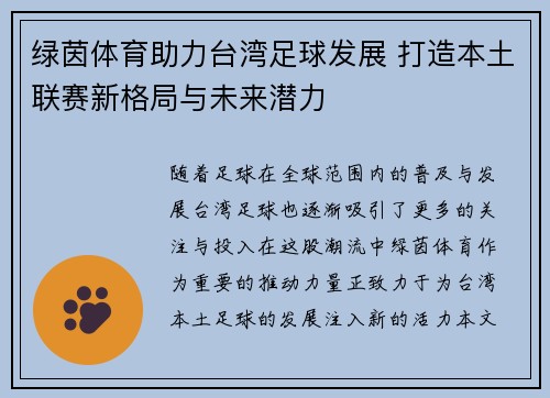 绿茵体育助力台湾足球发展 打造本土联赛新格局与未来潜力